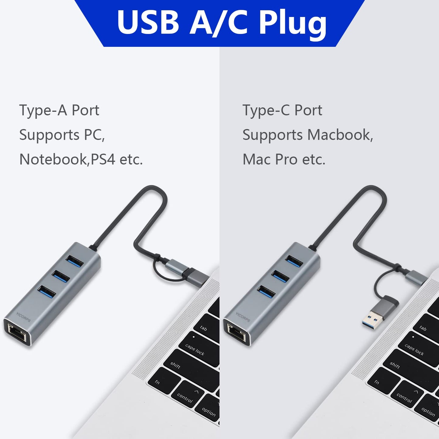 USB C to Ethernet Adapter YICORPS 3 Port USB 3.0 Expander Hub to RJ45 LAN with Gigabit Ethernet LAN Adapter for MacBook/Windows 10/8.1/Surface