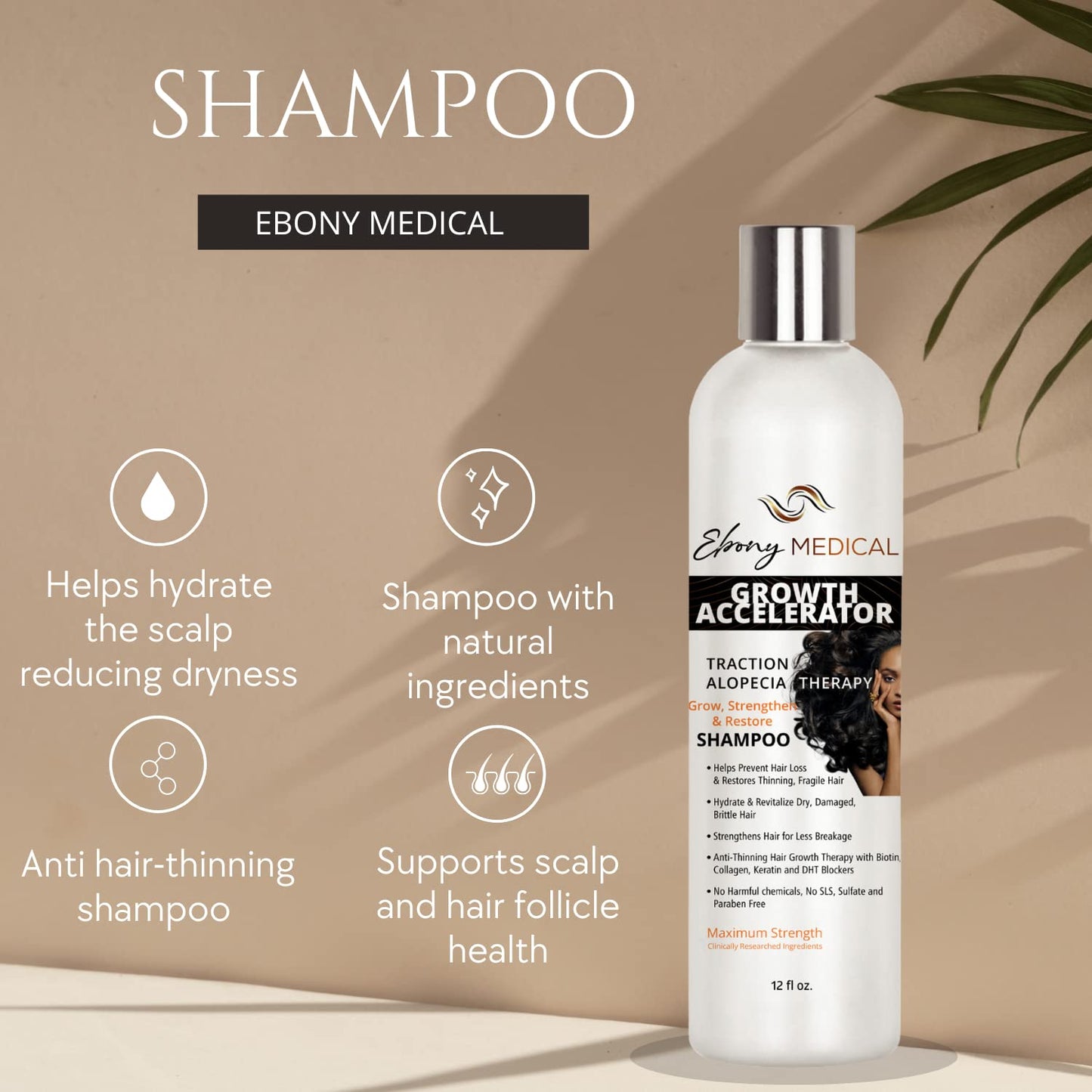 Ebony Medical Alopecia Areata Treatment Shampoo – Supports Hair Growth, Reduces Thinning, Strengthens Scalp Health – Natural & Vegan, 12 fl oz