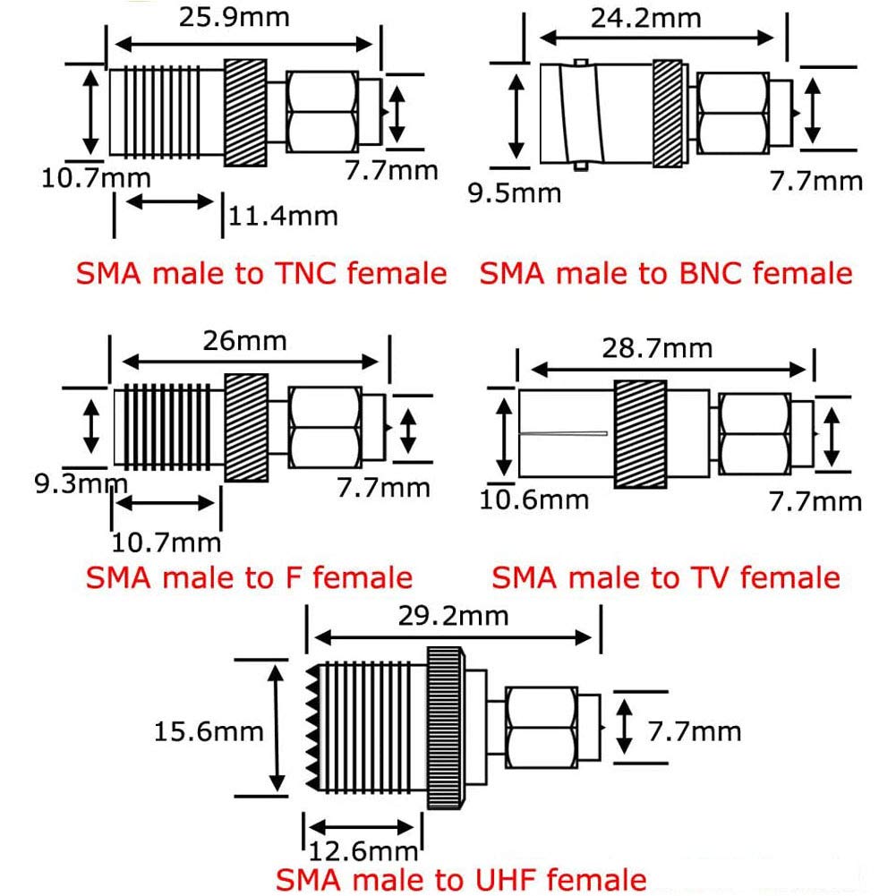 Kaunosta SMA Adapter Kit 10PCS,SMA Male to UHF, BNC, RPSMA, TV, MCX, F-Type, N, TNC, SMB, Nickel Gold-Plated RF Connectors for Antennas and Wireless