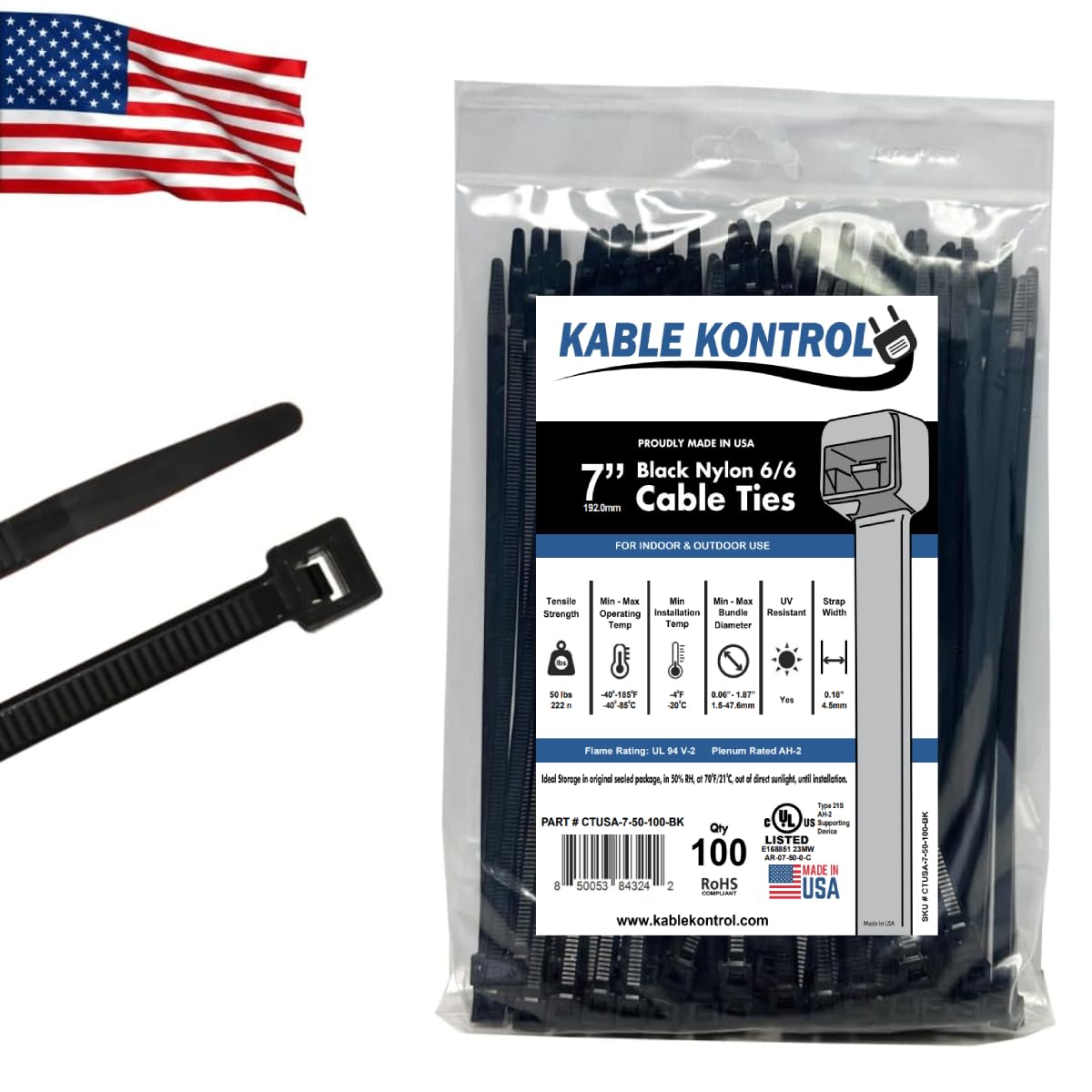 Kable Kontrol Made in USA Cable Zip Ties, 100 Pcs 7 Inch Black, 50 Lbs Tensile Strength, Self-locking UV Resistant Plastic Nylon Wire Ties, for Indoor