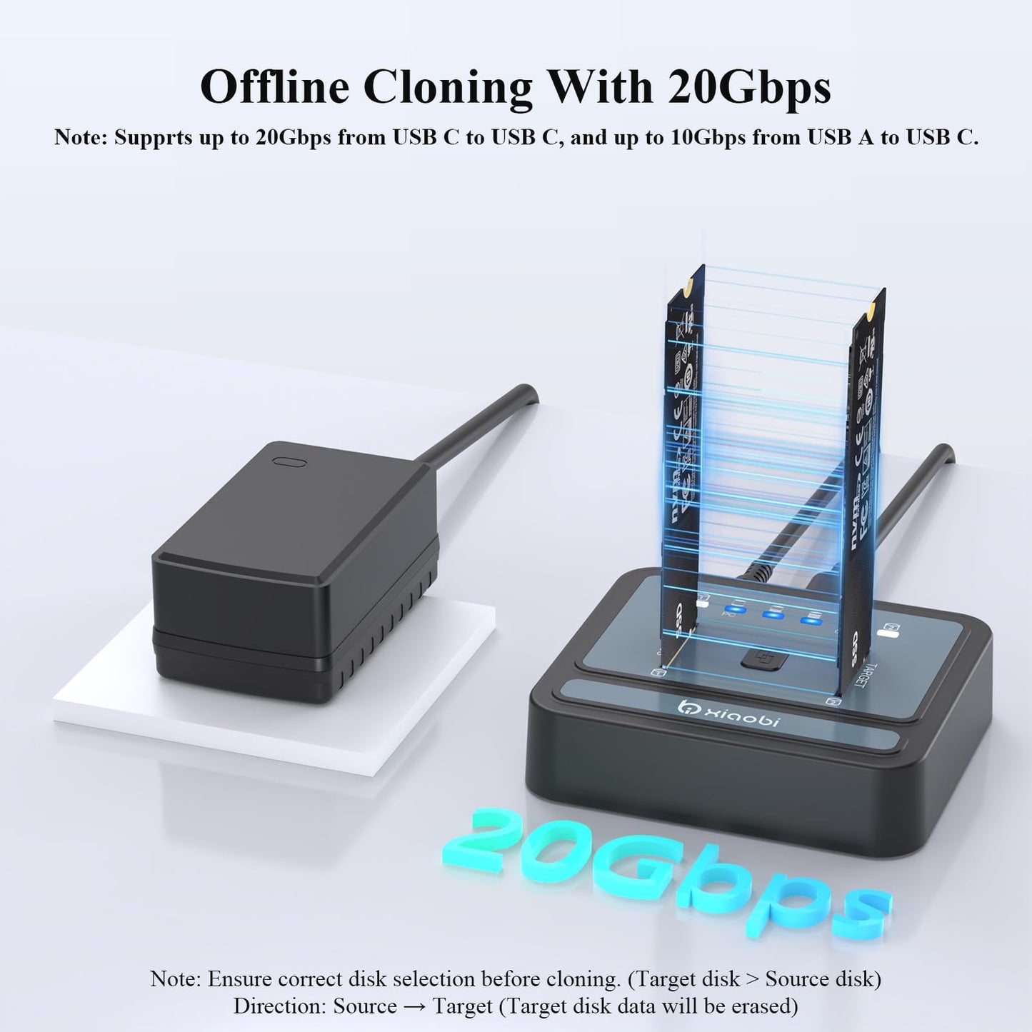 M.2 NVMe/SATA SSD Cloner, M.2 Duplicator 2-Bay Hard Drive Enclosure, Tool-Free 20Gbps USB3.2 Gen 2X2 Hard Drive Reader for NVMe SATA SSD Supports