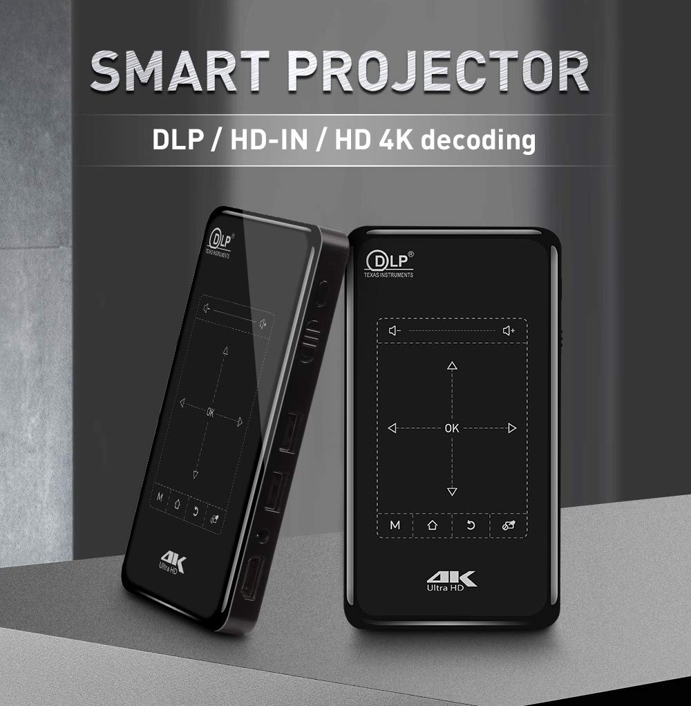 Portable smart projector MINI Projector 4K Android 6.0 1080P HDMI Smart DLP Micro WiFi 5G USB LED Home Theater Android 6.0 (1+8GB, Black)
