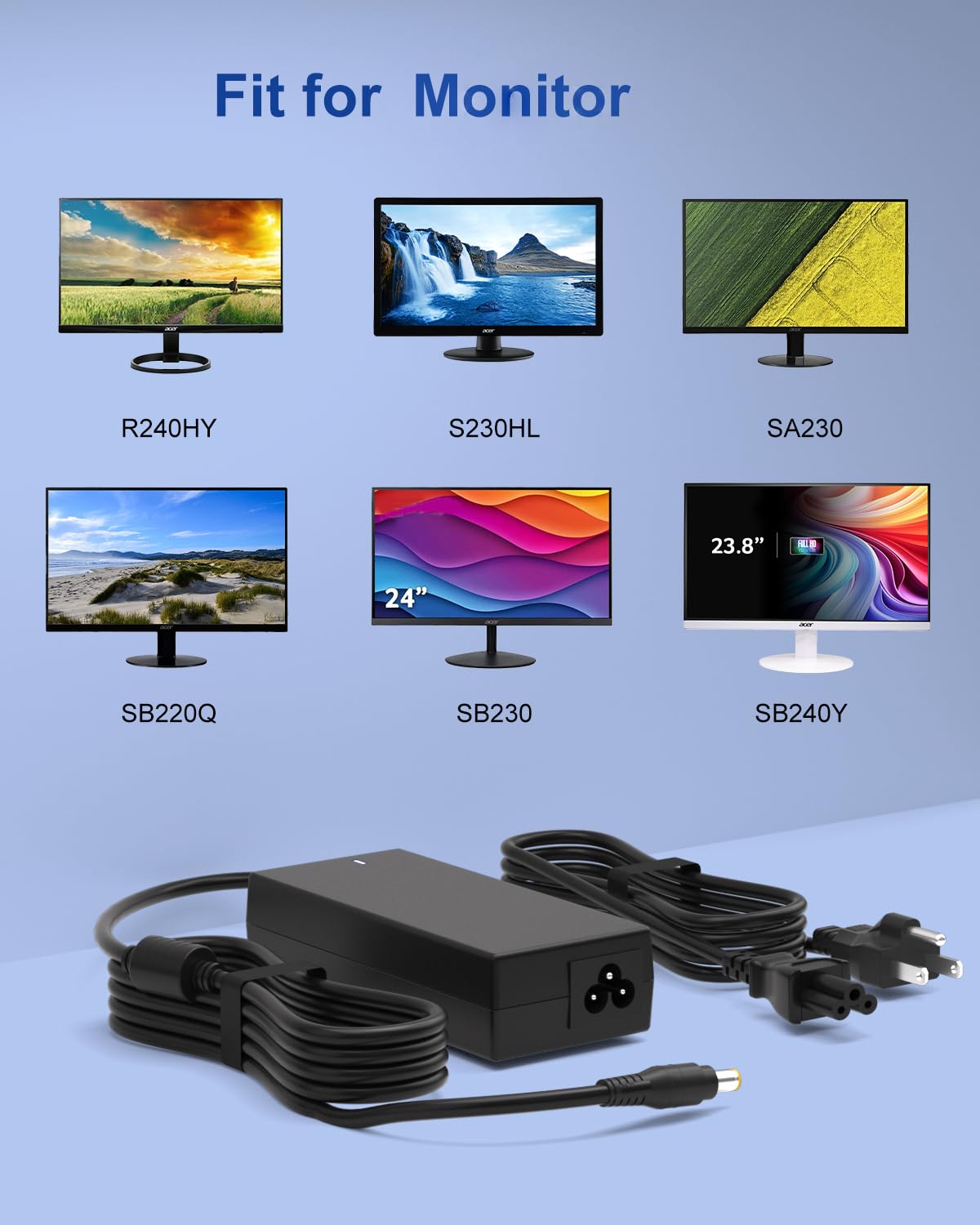 Tinkon 19V Power Cord Compatible with Acer Monitor SB220Q R240HY S230HL SA230 SB230 H236HL SB240Y SB270 SA270 S201HL S231HL S271HL S240HL S241HL…
