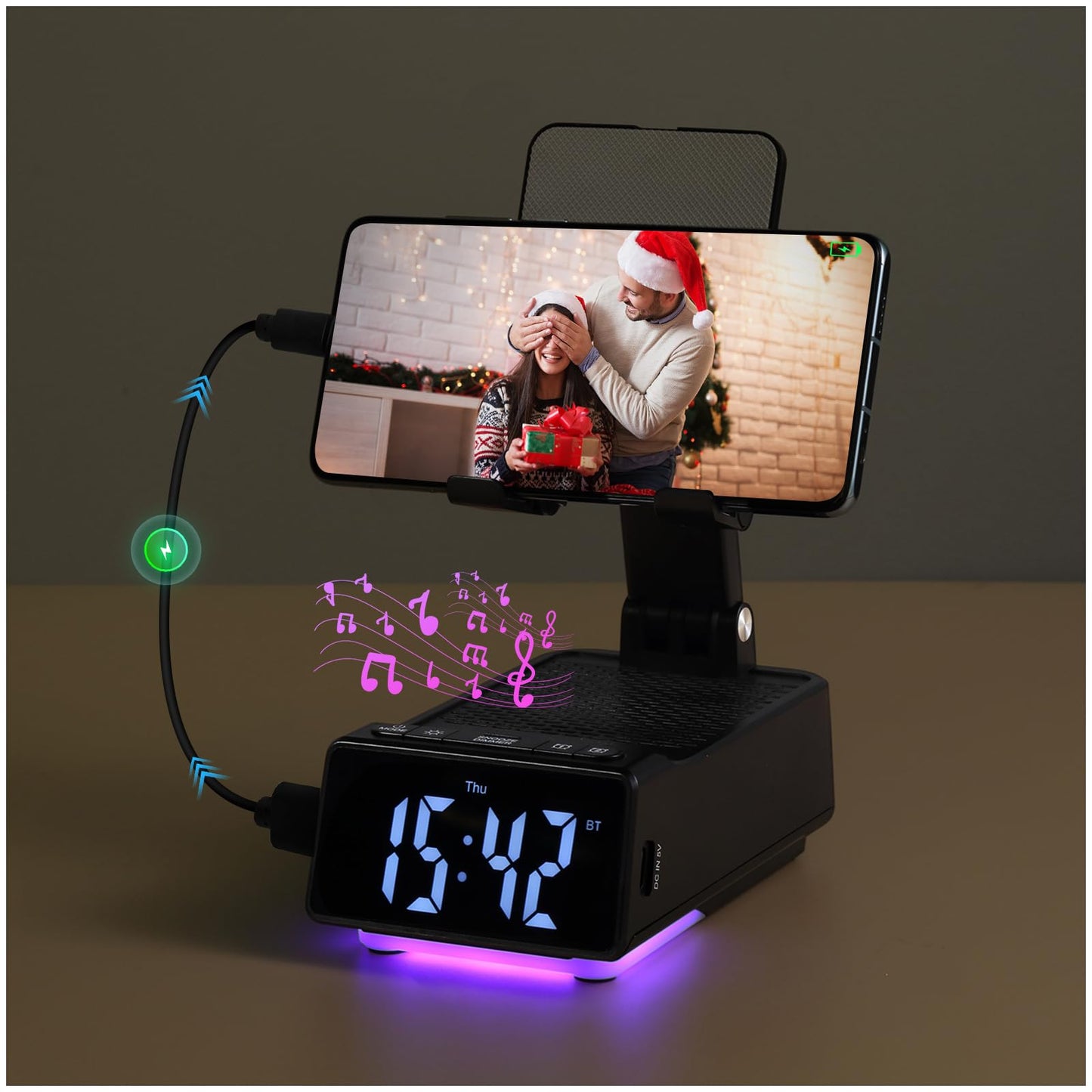 Father's Day Gifts for Dad, Birthday Gifts for Men, 7 in 1 Phone Stand Bluetooth Speaker with Alarm Clock, Wireless Charger, Light, USB Playback