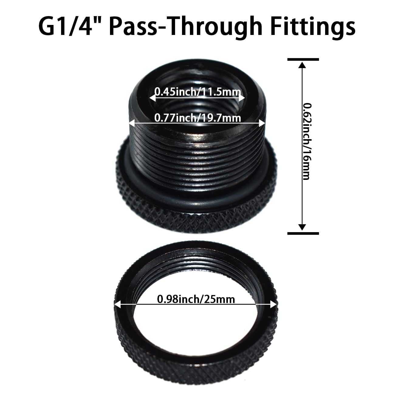 MARRTEUM G1/4" Pass-Through Fittings Extender Connector with Sealed O-Ring for Computer Water Cooling System, Black, 2 Pack