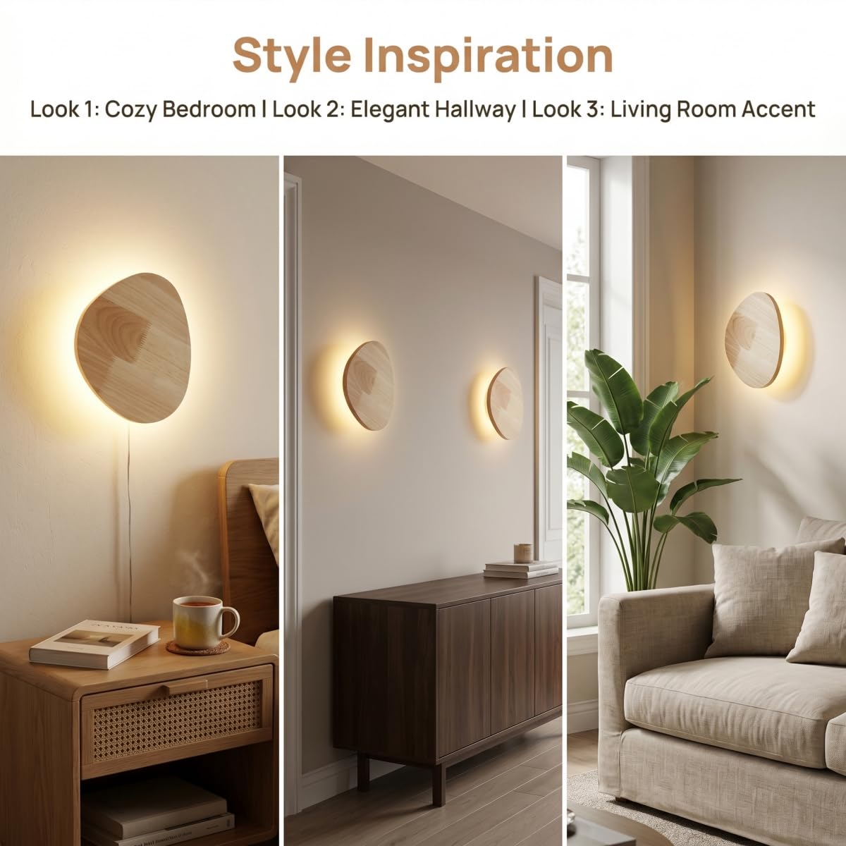 Modern Minimalist Plug in Wall Sconces, 7.9'' Plug-in Or Cordless Wood Backlight LED Wall Lamp, 8W, 700LM Warm White Brightness Wall Light Fixtures
