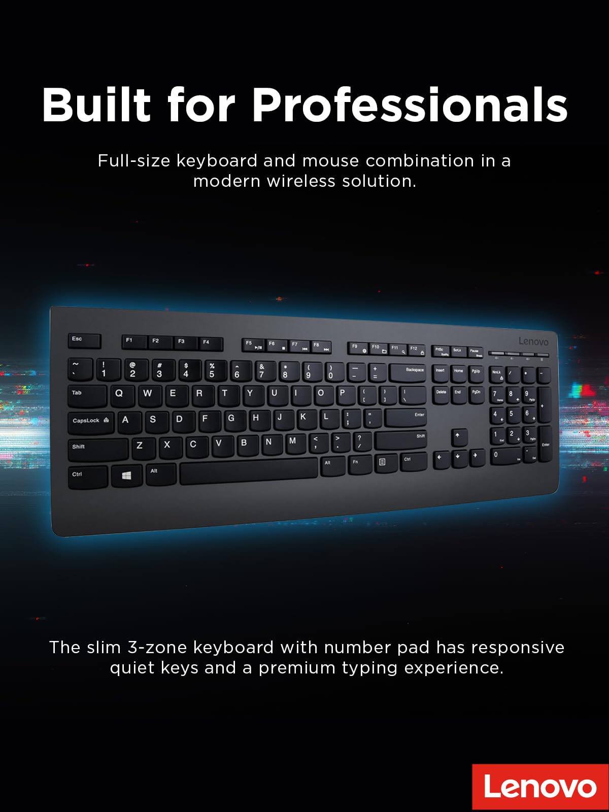 Lenovo Professional Wireless Keyboard and Mouse Combo, 2.4 GHz USB Wireless Receiver, Full Size Ambidextrous Mouse, 24 Month Battery Life, Black