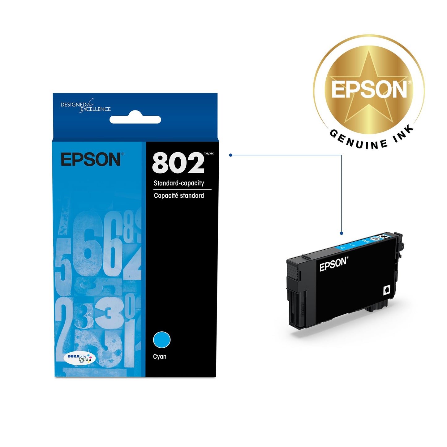 EPSON 802 DURABrite Ultra Ink Standard Capacity Cyan Cartridge (T802220-S) Works with WorkForce Pro WF-4720, 4730, 4734, 4740