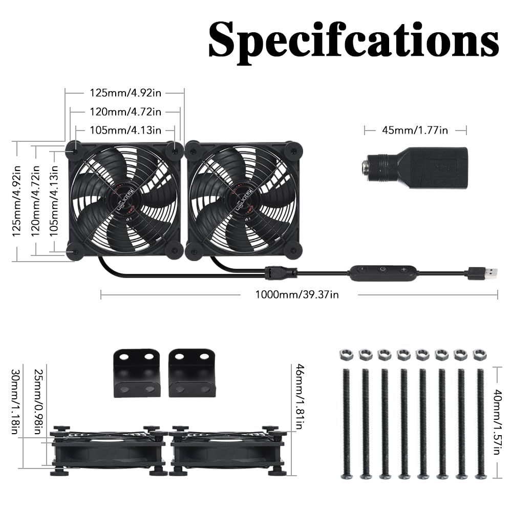 Xiaoqijia Dual 120mm Fan with 10 Speed USB 5V DC 12V IPX5 Waterproof Cooling Fan for Tablet TV Receiver Router DVR Xbox Greenhouse Kennel Computer