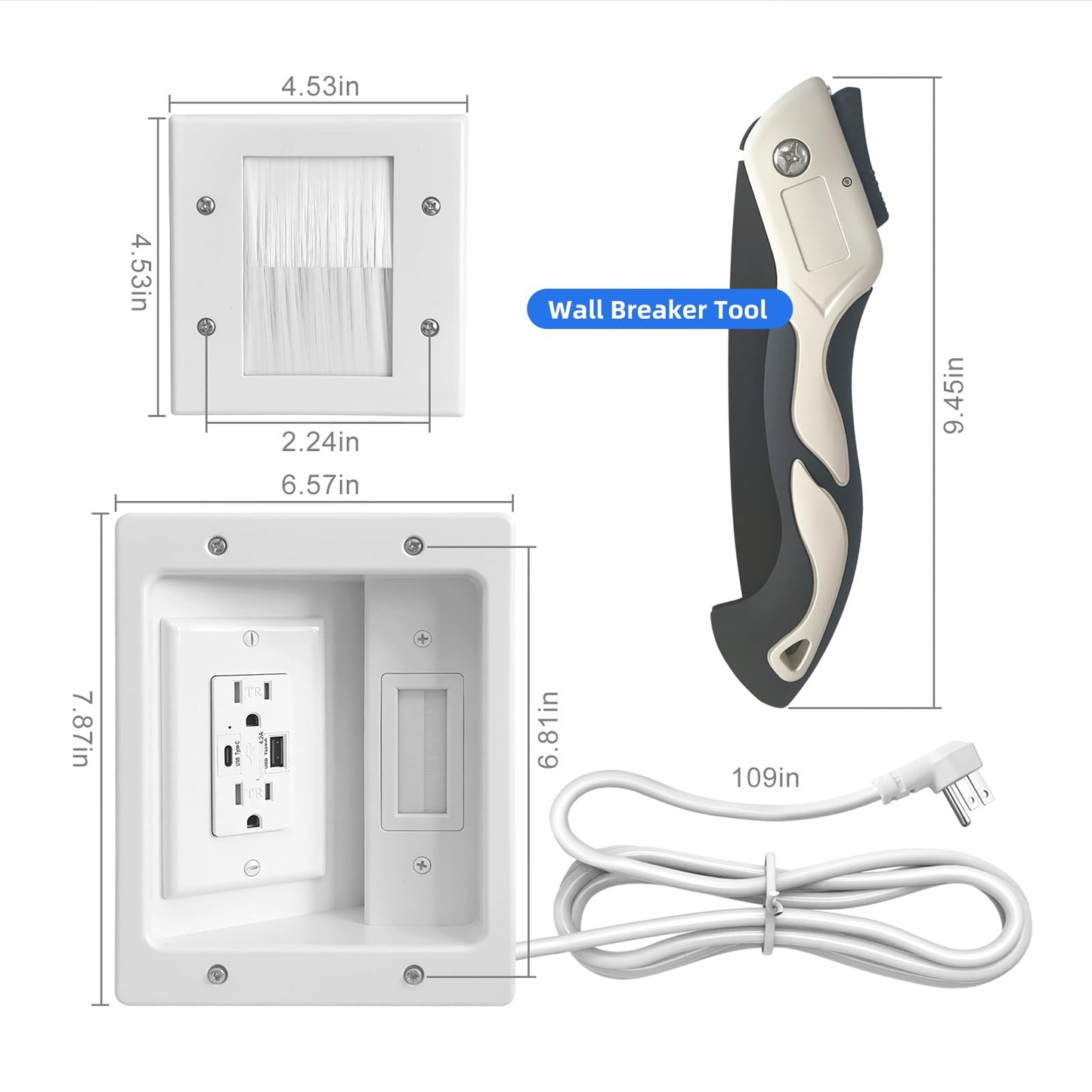 GEVINFA in-Wall TV Cable Management Kit with Power, Dual Outlets, USB-A & USB-C Ports, 9ft/109in Cord, Includes Wall Cutting Tools, Hide TV Wires for