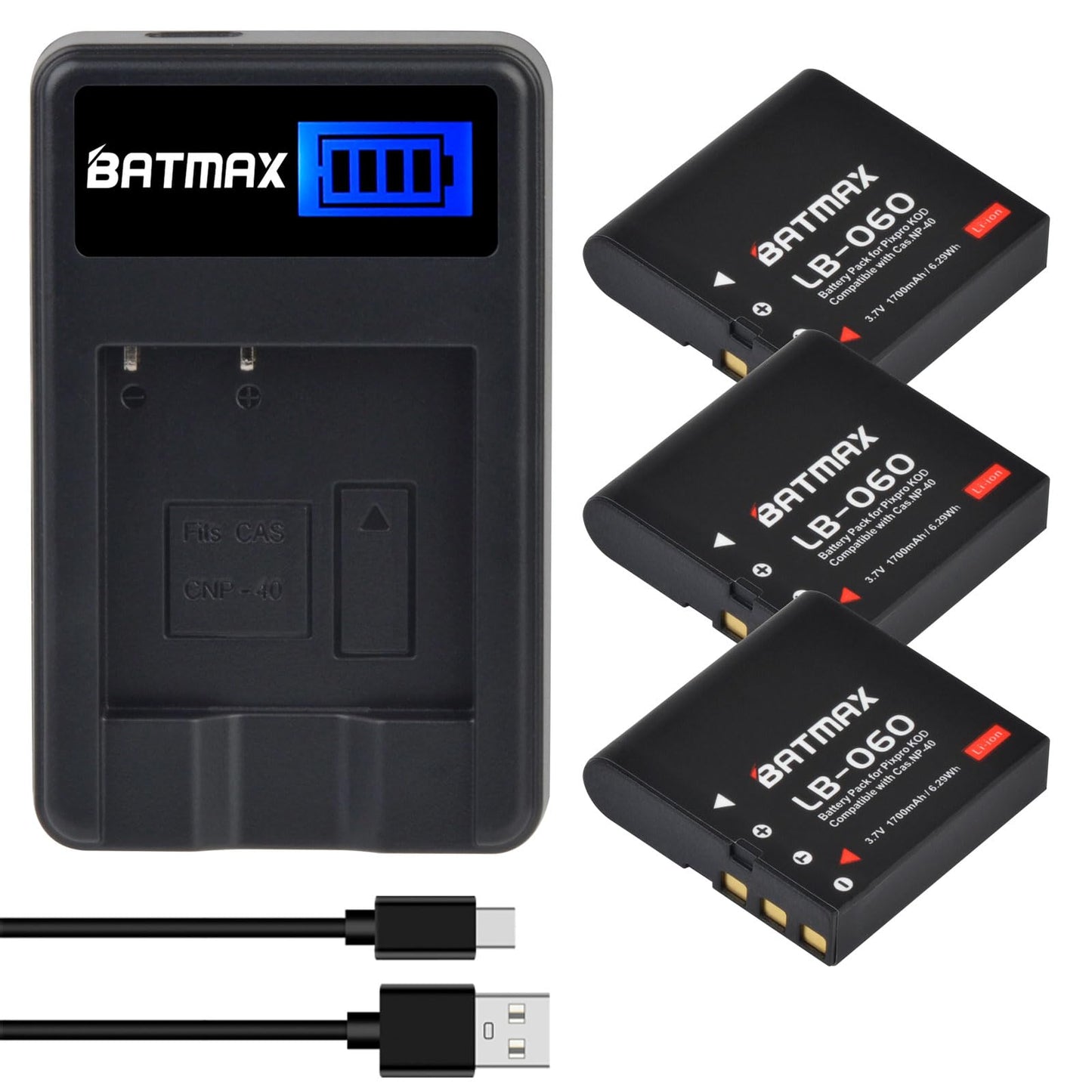 Batmax 3X NP-40 LB-060 Battery + Quick LCD Charger for Casio NP-40 Kodak LB-060,GE GB-60 Exilim EX-Z400, Exilim EX-FC100, Exilim EX-FC100WE, Exilim