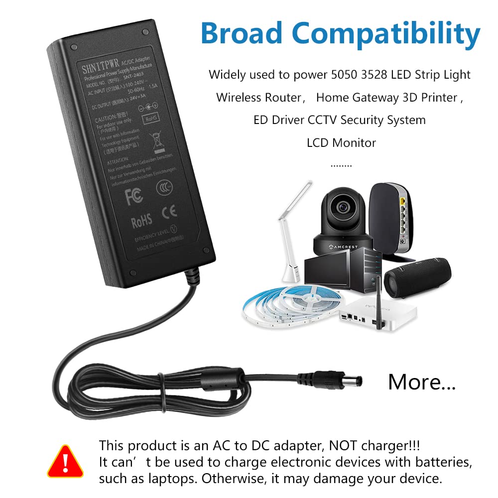 SHNITPWR 24V 3A DC Power Supply Adapter AC 100V~240V to DC 24 Volt 3 Amp 72W Converter Transformer 5.5x2.5mm Plug for 5050 3528 LED Strip Light 3D…