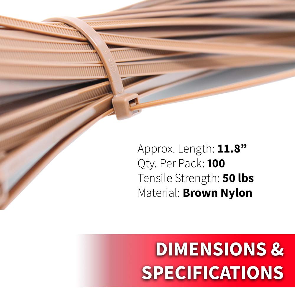 Pro Tie Standard Duty, Self-Locking UV Nylon Cable Wire Ties for Indoor Use |11.8-Inch, 50 lbs. Tensile Strength, Brown Nylon, 100-Pack (PN