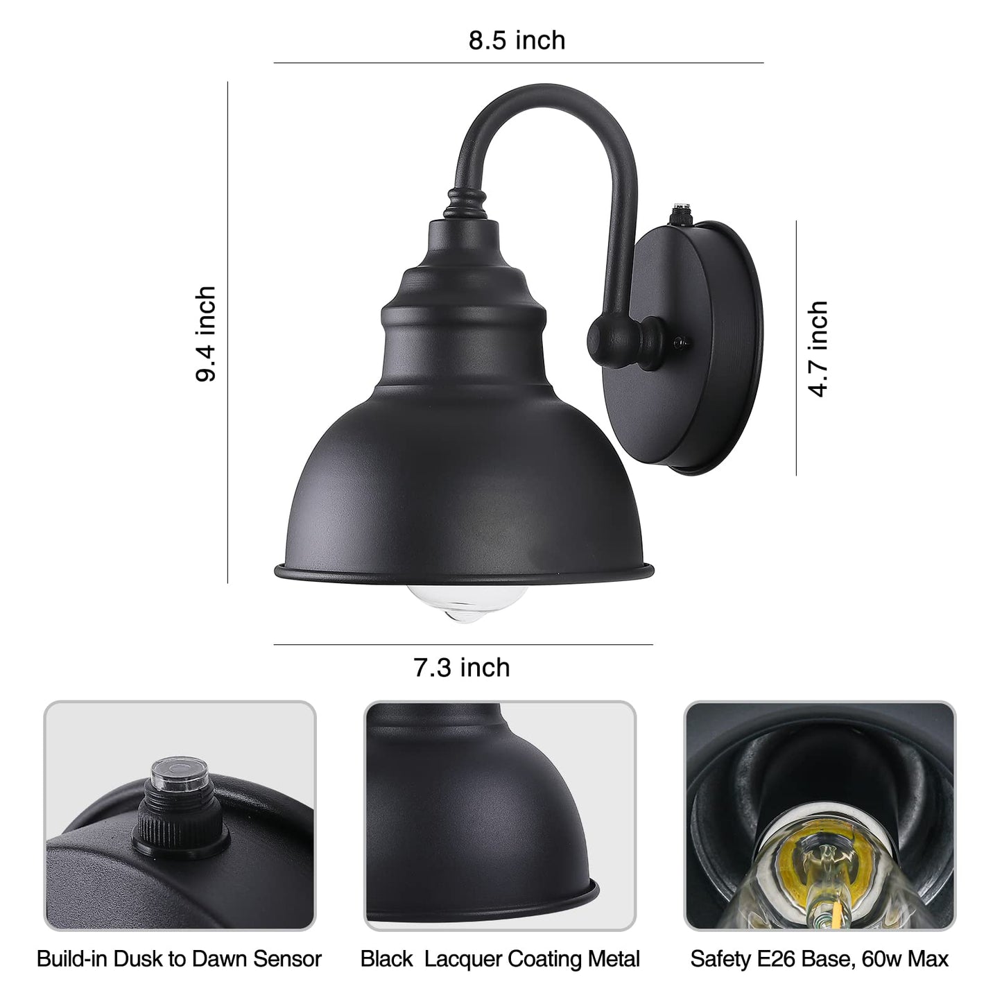Naurham Barn Light Gooseneck Light- Dusk to Dawn Farmhouse Outdoor Lighting, 1-Light Outdoor Gooseneck Lighting with Sensor Farmhouse Wall Sconce