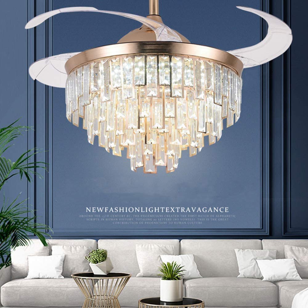 A Million 42" Crystal Ceiling Fan with Light Modern Luxury Chandelier Retractable Blades Remote 3 Speeds 3 Color Changes Silent Ceiling Fans Lighting