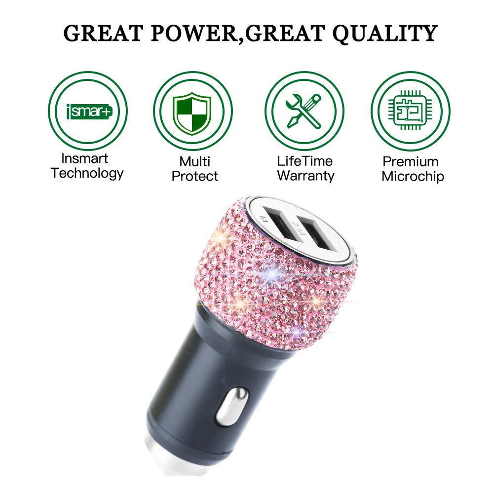 Dual USB Car Charger,SAVORI Car Adapter Bling Bling Rhinestones Crystal Car Decorations for Fast Charging Car Decors for iPhone Xs Max X Plus, iPad