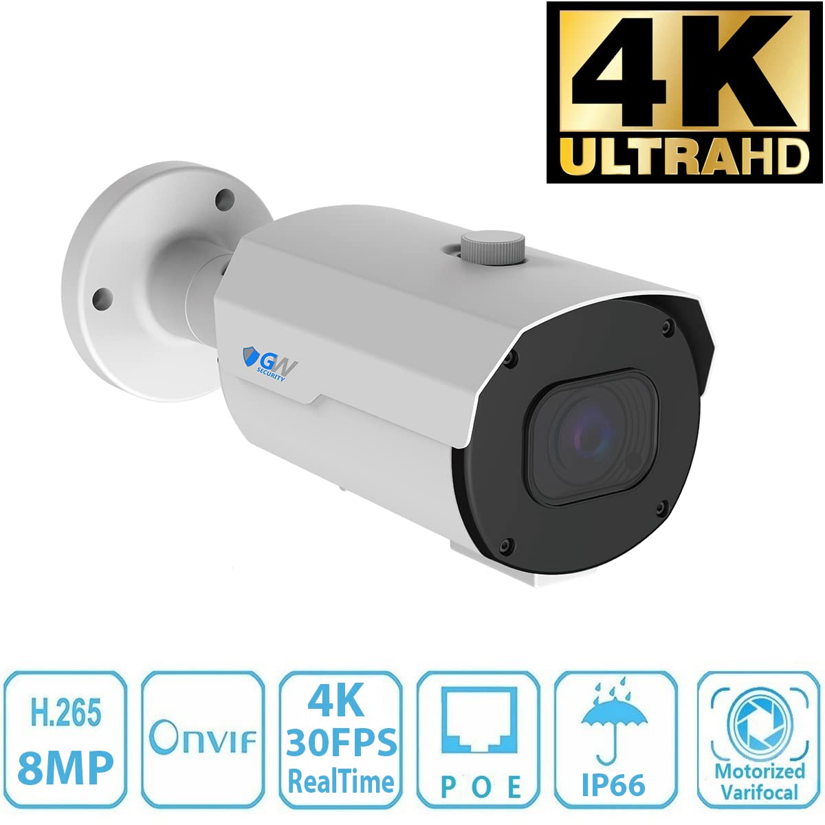 GW 4K (3840x2160 @30fps Real-time) 5X Optical Motorized Zoom Outdoor 8MP Bullet PoE IP 16 Channel Security Camera System, AI Facial