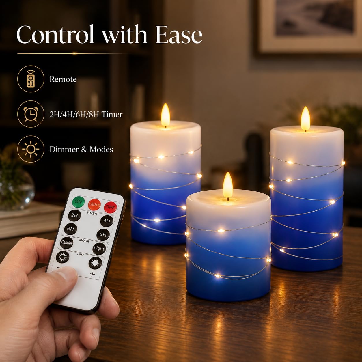 haitanghua Blue Flameless Candles Set of 3, Real Wax with Remote Timer