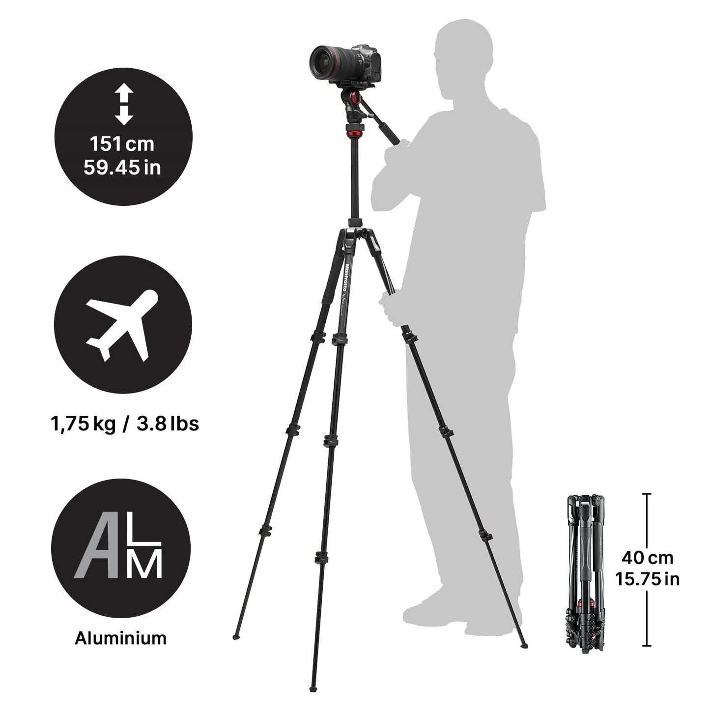 Manfrotto Befree Live, Travel Video Tripod with Video Camera Head and Lever Closure, Aluminum Tripod for DSLR, Mirrorless, Reflex Cameras and Video