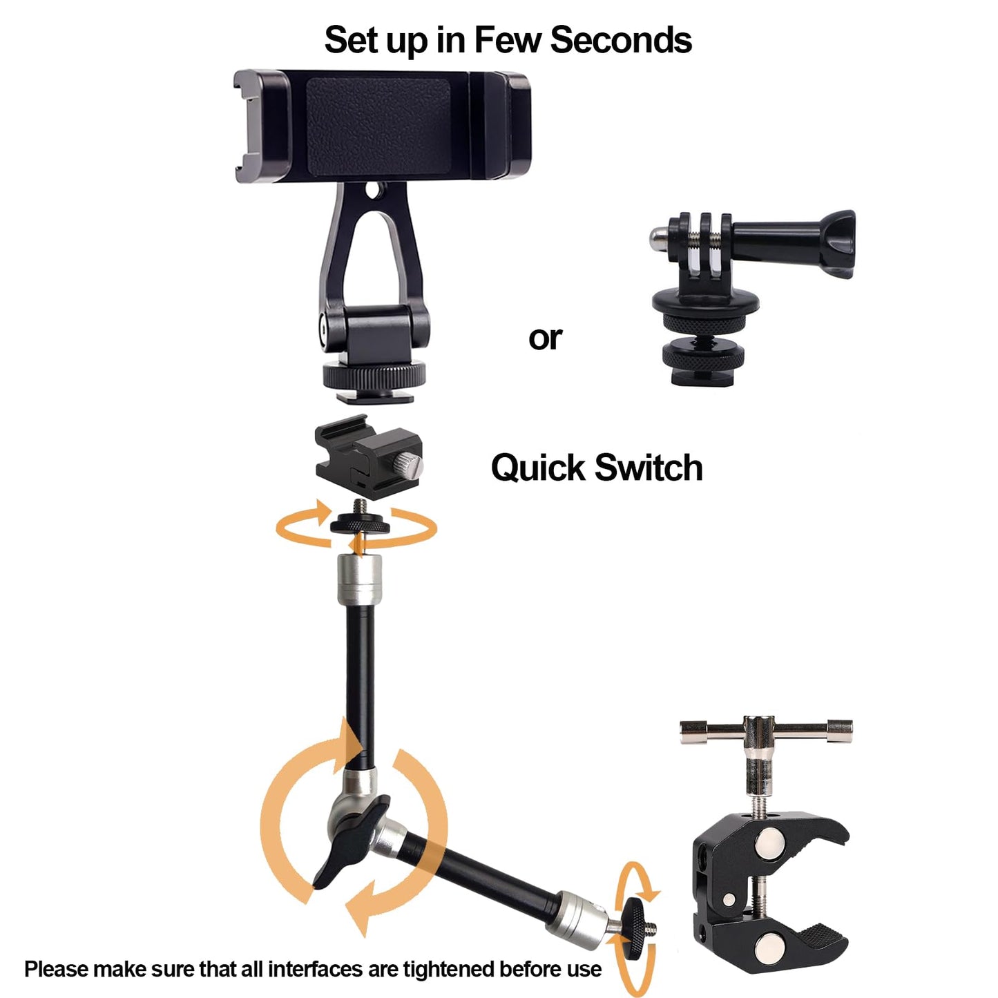 Camera Arm for Hunting,C-Clip Magic Arm Cell Phone Holder for Self Filming Hunts Tripod Compatible Gopro,Trail Camera, iPhone, Mevo Start