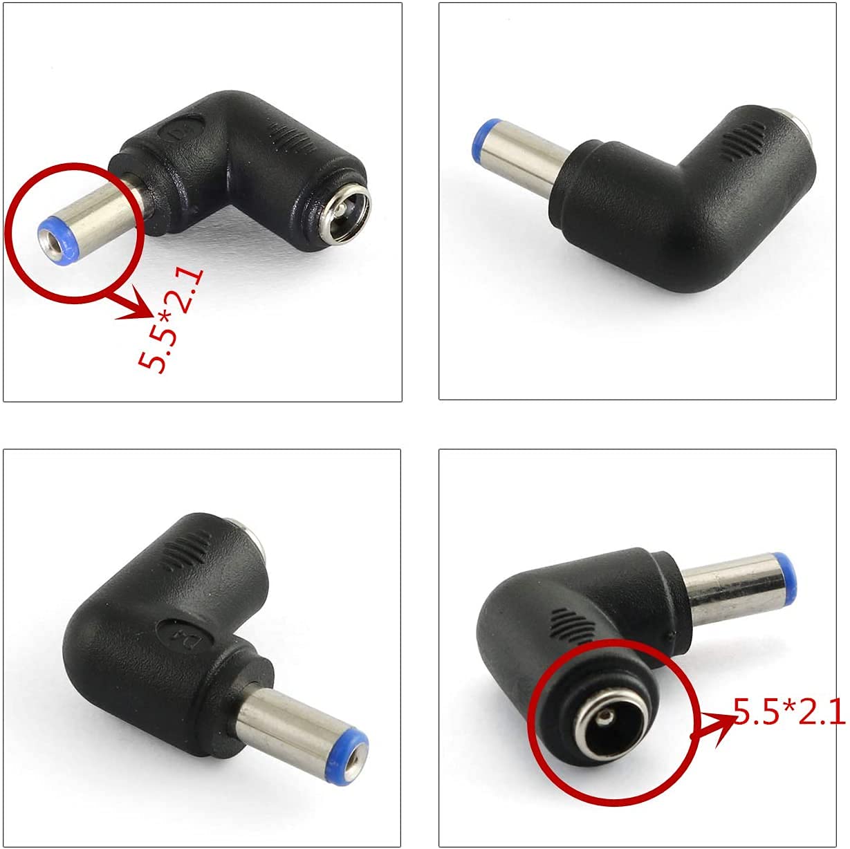 Longdex 4pcs 90 Degree 5.52.1 Mm Male Jack to 5.52.1MM Female Plug Right Angle L Shaped DC Power Connector Adapter for Laptop