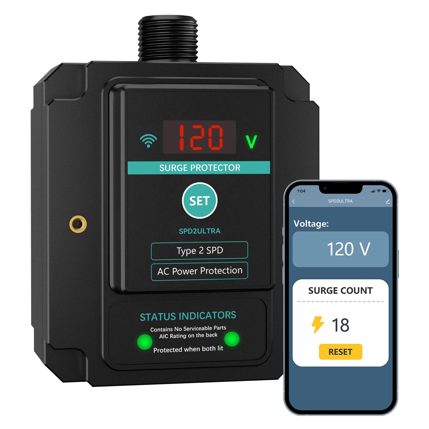 WiFi Whole House Surge Protector,108,000 Amps/Phase, 2820 Joules (Total), Thermally Protected Metal Oxide Varistors,Surge Times,Check Surge Times