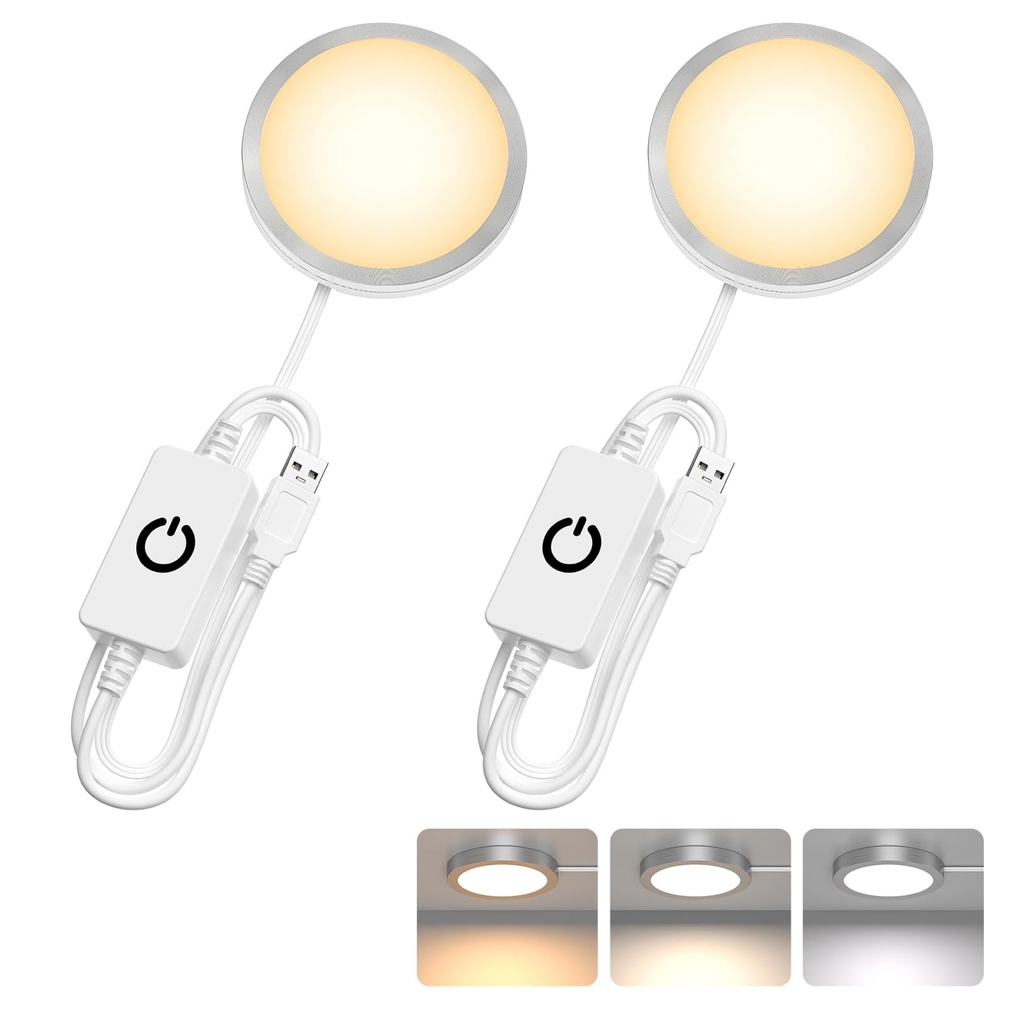 ANTOTEN 2 Pack Puck Lights 5V Single USB Powered,3 Color Temperature Adjustable & Dimmable Under Cabinet Light,3D Printer LED Lamp Kit