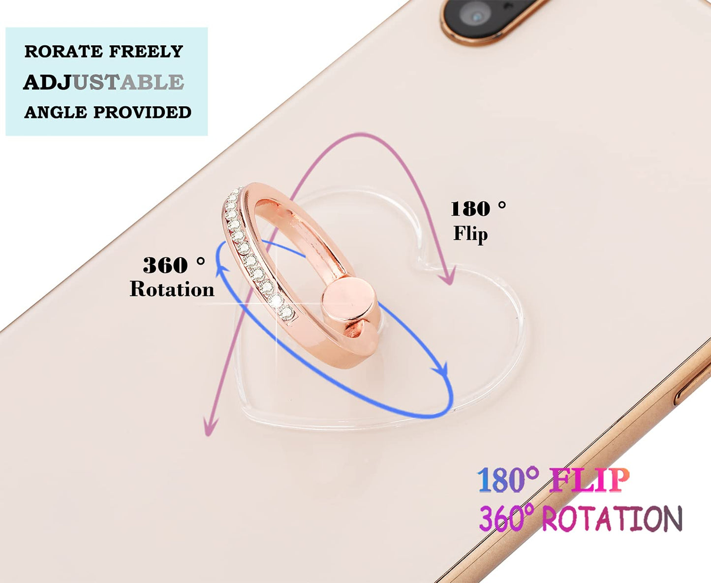 Transparent Heart Cell Phone Ring Holder Kickstand,Bling Bling Sparkle Diamond Clear Heart Cell Phone Finger Ring Grip Stand(Silver/Rose Gold)