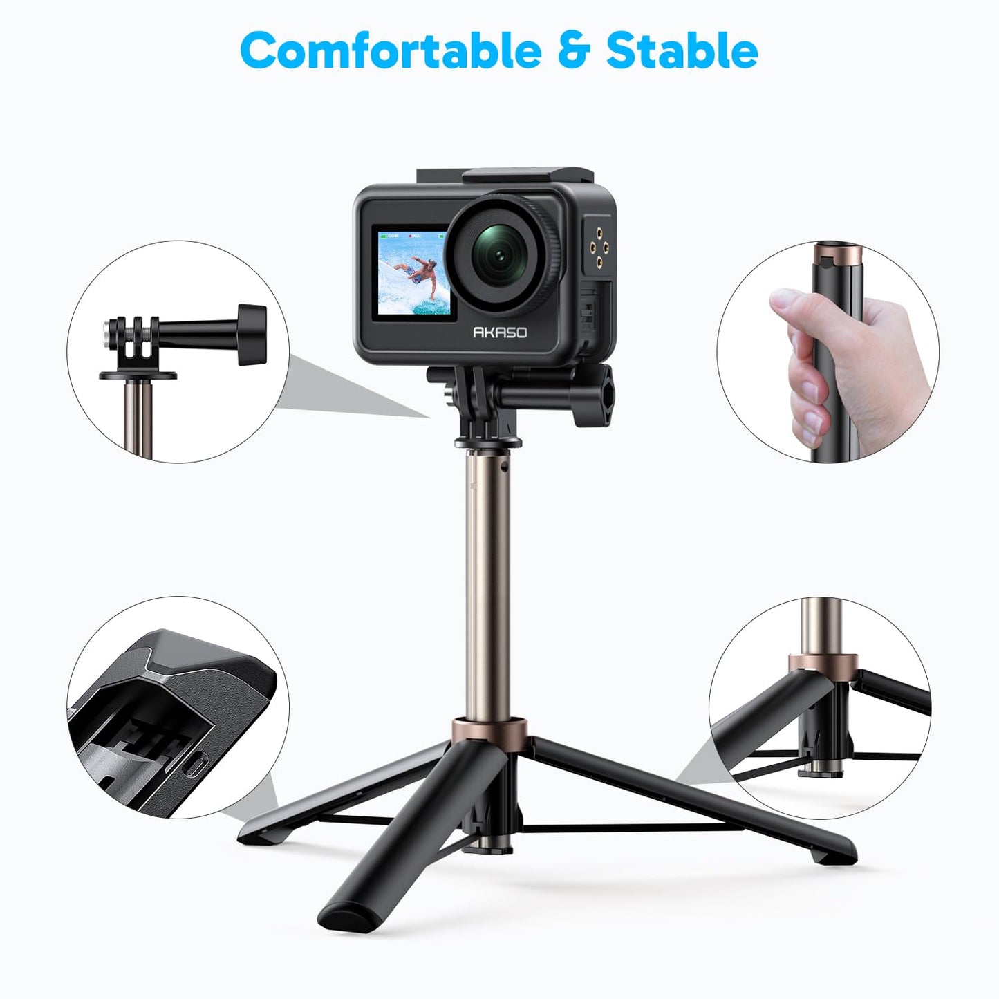 AKASO 60cm Selfie Stick Extendable Tripod Stand Compatible with AKASO, SJCAM, GoPro Hero 13/12/11/10/9/8/7/Max, DJI Osmo Action 5/4/3, and Other