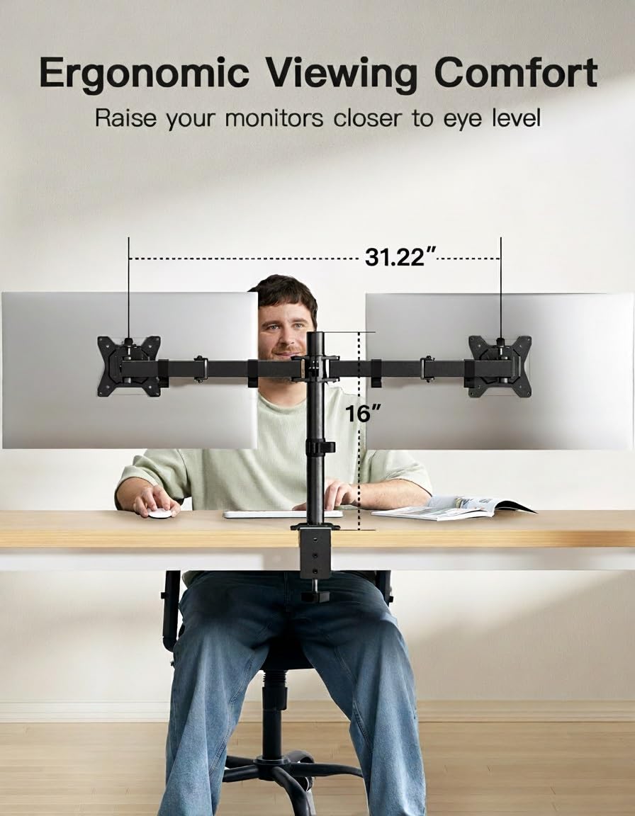 HUANUO Dual Monitor Mount for 2 Monitors up to 32 inches, Heavy Duty Dual Monitor Stand Holds up to17.6lbs, Dual Monitor Arm with Height Adjustable