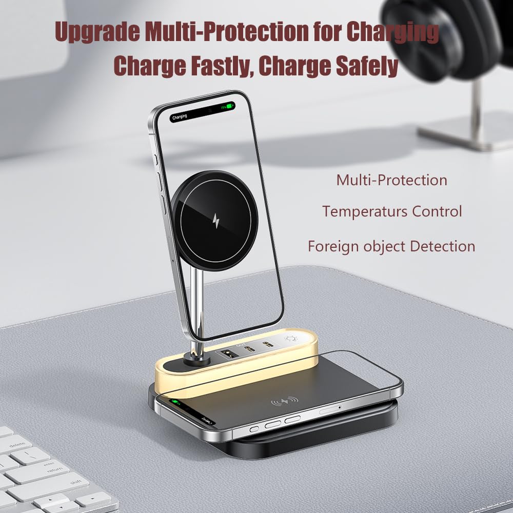 4-in 1 Magnetic Wireless Charging Station with Night Light, 15W Fast Charge for iPhone 16/15/14/13/12 & AirPods, 3-Port Hub (2xType-C, 1xUSB)