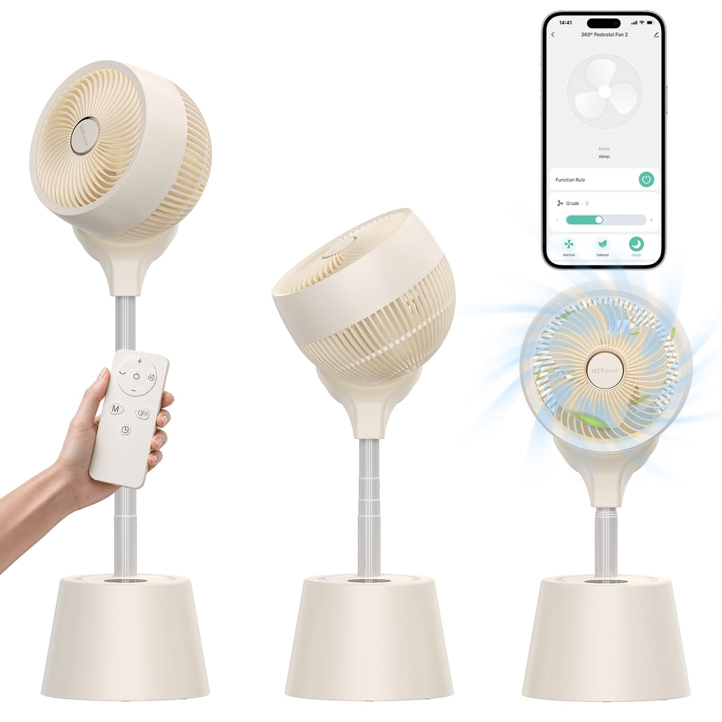 HZTzone Rechargeable Smart Pedestal Fan, 20dB Quiet 360° Oscillating Fan | DC Motor Wi-Fi App & Remote Control, 6 Speeds, 8-12Hrs Built-in Battery