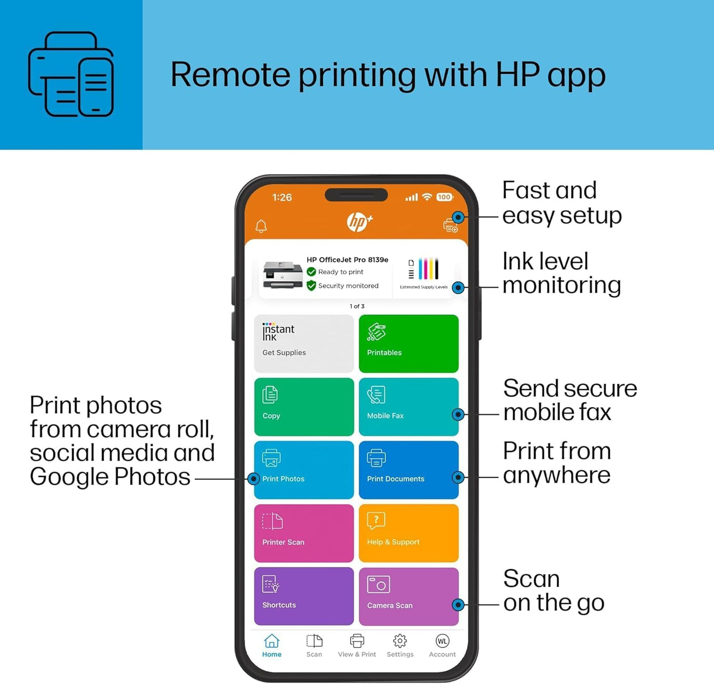 HP OfficeJet Pro 8139e Wireless All-in-One Color Inkjet Printer, Print, scan, Copy, fax, ADF, Duplex Printing Best-for-Home Office, 1 Year of Instant