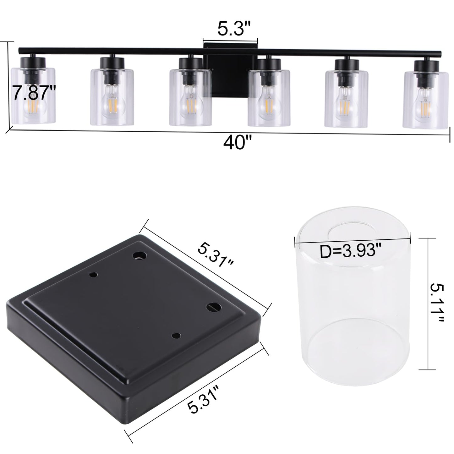 CONUCK 6 Light Bathroom Light Fixtures, 40 Inches Bathroom Lighting Fixtures Over Mirror, Black Vanity Light with Clear Glass Shades