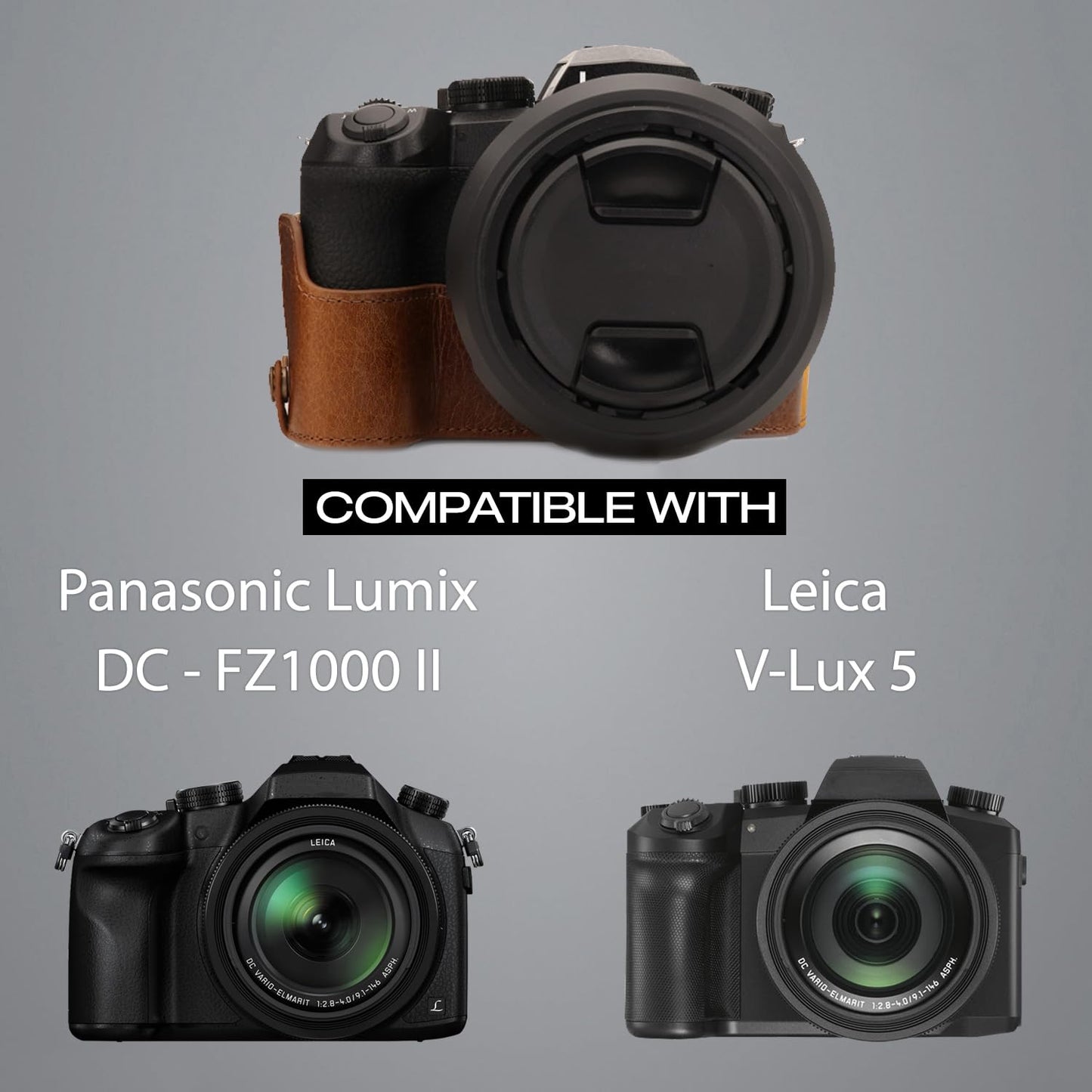 MegaGear Ever Ready Genuine Leather Camera Half Case Compatible with Leica V-Lux 5, Panasonic Lumix DC-FZ1000 IIBrown