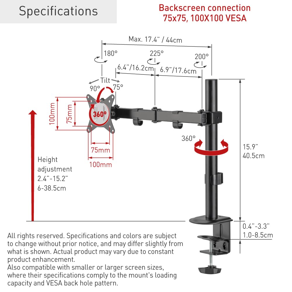 Barkan Monitor Desk Mount for Flat/Curved Screens Sizes 13-34 inch, Full Motion - 5 Movements, Ergonomic, 360 Degree Rotation, Touch & Tilt, Holds up