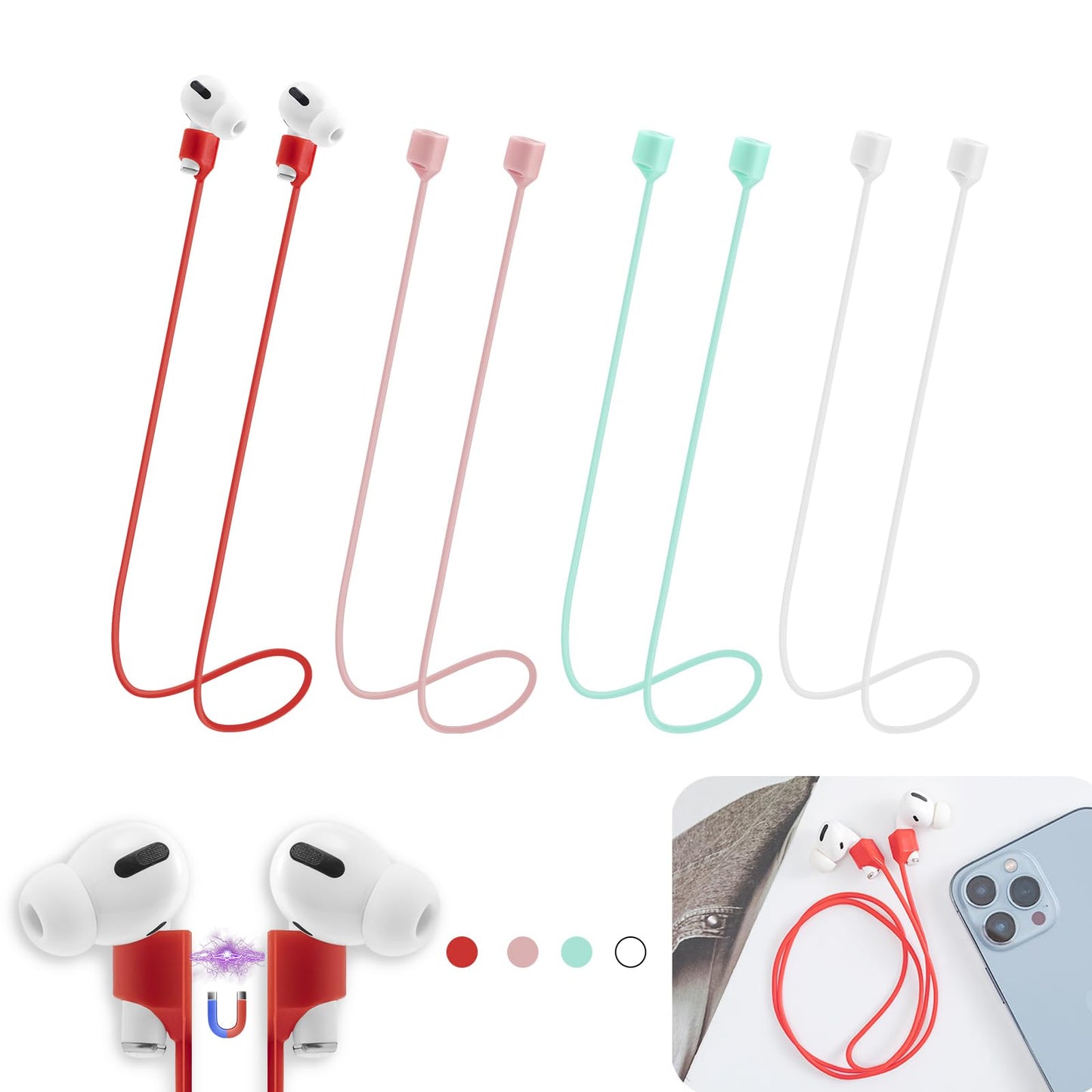 Magnetic Anti-Lost Straps for AirPods,4 Pack Ultra Strong Magnetic AirPods Strap Anti-Lost Neck Rope Cord,Soft Silicone Sports Lanyard Compatible