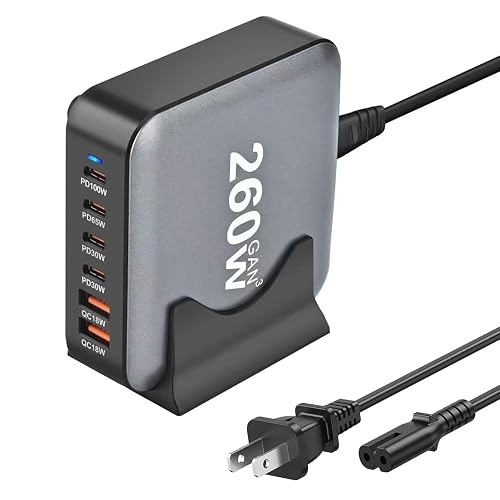 260W USB C Charger Block GaN III USB Desktop Charging Station 6 Ports QC4.0 Fast Charging Station Hub+PD 100W Type C Laptop Charger Adapter Compatible