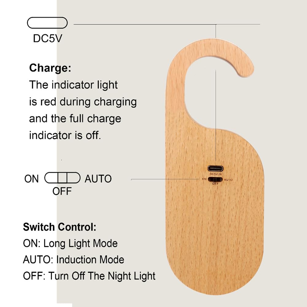 LANDGOO 1-Pack Retro Wooden Door Knob Night Light with Motion Sensor & Message Board, Rechargeable Wall Mount Lamp with Hook, Hotel Style LED Light