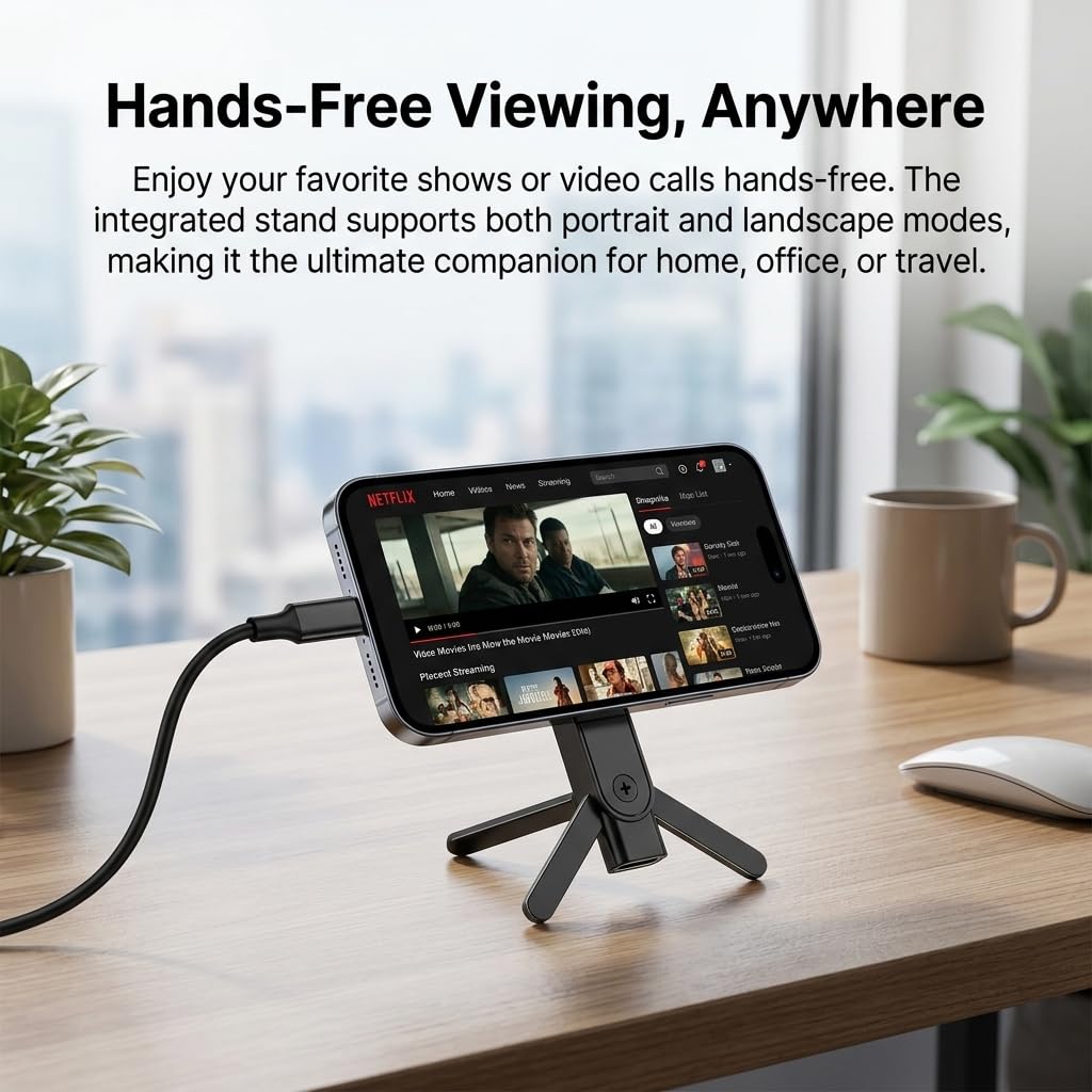 120W USB-C Fast Charging Adapter with Foldable Phone Stand, 2-Pack, 2-in-1 90° Elbow Connector for Gaming & Streaming, 360° Rotating Phone Holder