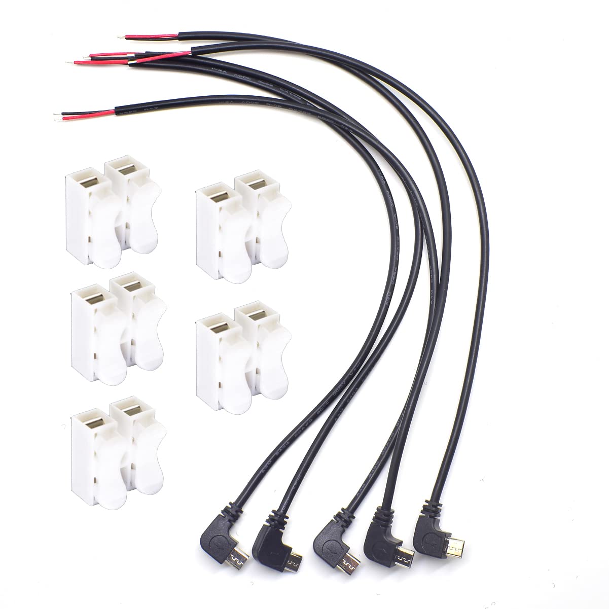 ELNONE 5PCS Angle 90D Micro 2 Wire Pigtail Cable - Micro USB Male to Open-end - 30cm/12inch - 22AWG - 5V 3A DIY Power Charge Cable with Quick Wire
