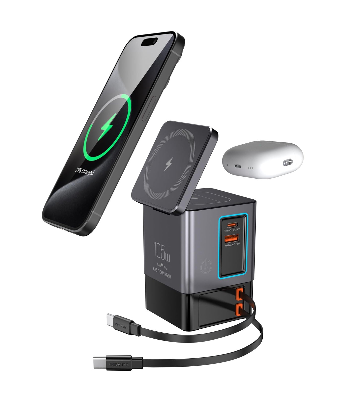 Electmagic 105W Charging Station-MagSafe Compatible,6-in-1 Charging Dock,Gan Retractable Charger with Dual 65W Cables,USB-C Fast Charging for iPhone