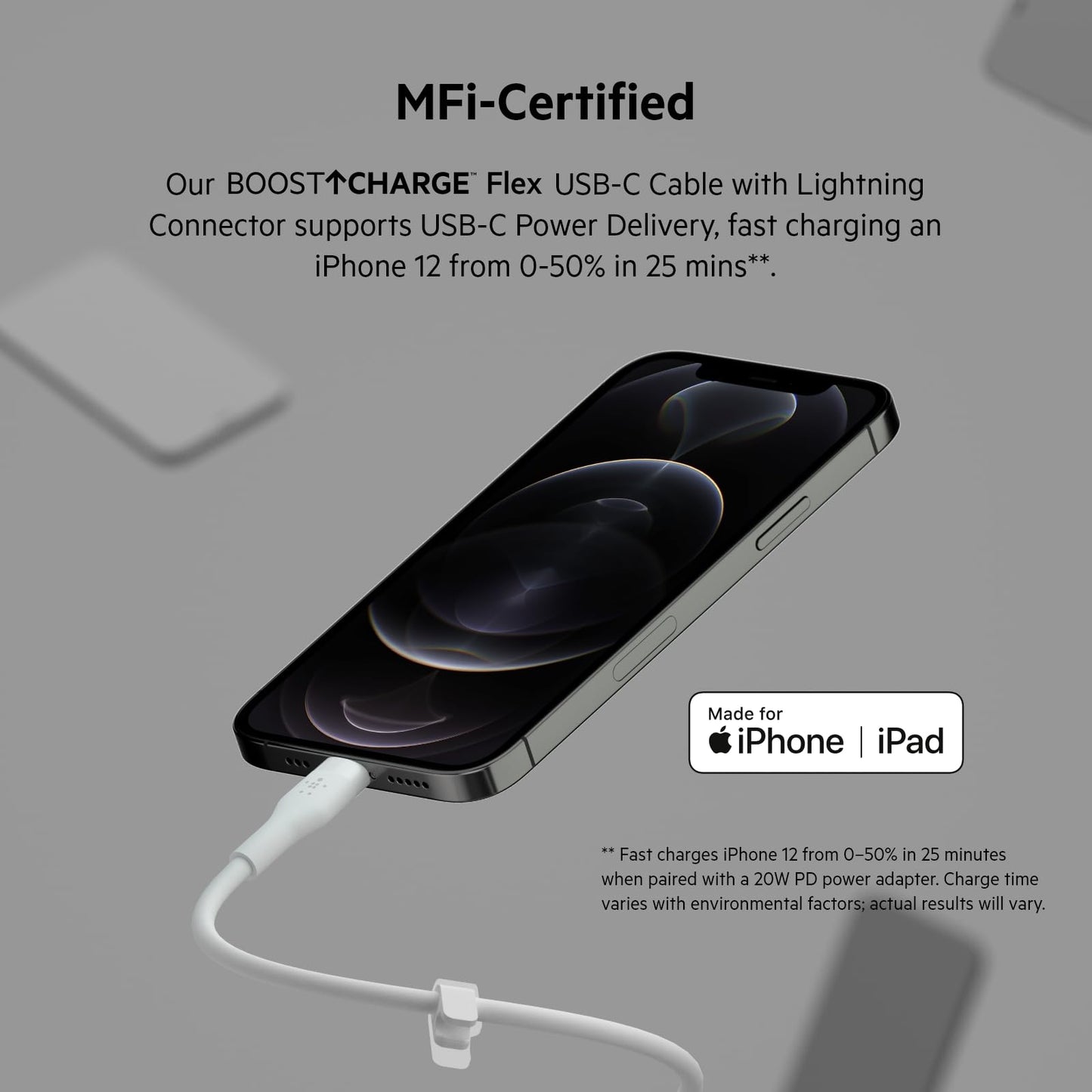 Belkin BoostCharge Flex Silicone USB-C to Lightning Cable (1M/3.3FT), MFi-Certified Charging Cable for iPhone Series with Cable Clip - White