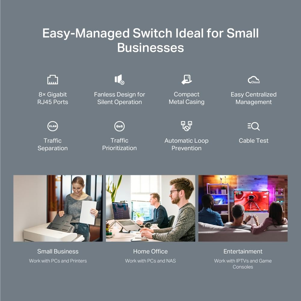 TP-Link 8 Port Gigabit Easy Managed Switch, VLAN, Auto Loop Prevention, IGMP Snooping, Fanless, Managed by Omada, Durable Metal w/ Shielded