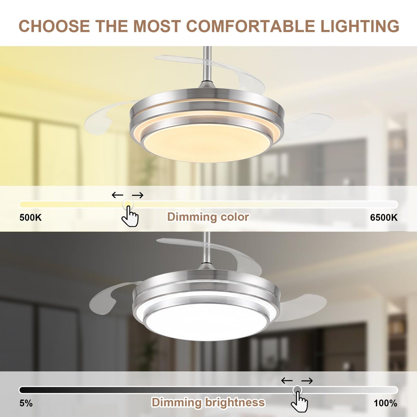 48 Inch Fandelier Ceiling Fan with Light,Modern Retractable Ceiling Fan with Lights and Remote/APP;6Speed,Silent Reversible Motor,Timer,Chandelier Fan
