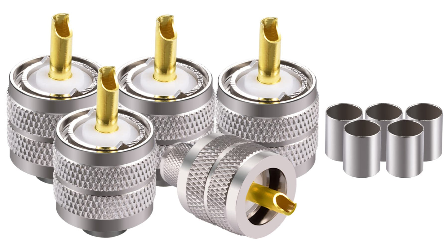 POBADY 5PCS PL-259 UHF Male Connectors 50 Ohm PL259 Male Plug Crimp RF Coax Connector Adapter for RG-213 VLMR-400 RG8 RG59 Low Loss Coax Cable