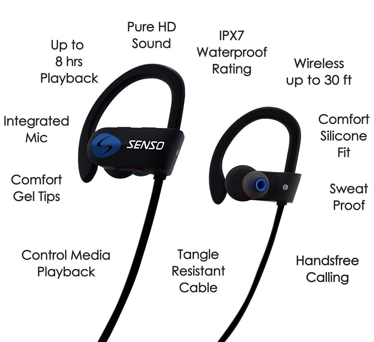 Senso Bluetooth Headphones, Best Wireless Sports Earphones w/Mic IPX7 Waterproof HD Stereo Sweatproof Earbuds for Gym Running Workout 8 Hour Battery