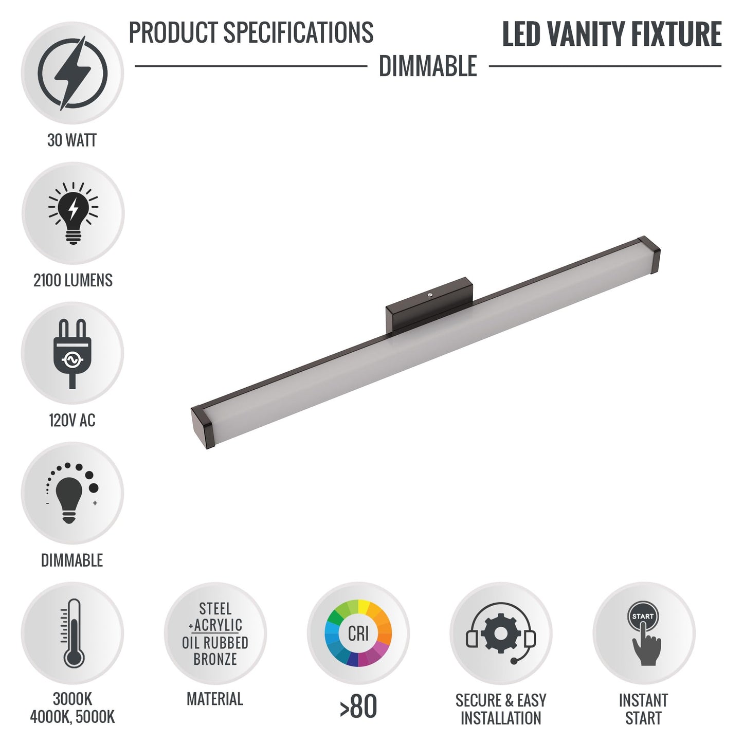 LEDMyplace 30W 36-inch LED Vanity Light Fixtures Over Mirror for Bathroom, Dressing Table, 3000/4000/5000K CCT Changeable, 2100LM, 120V, High CRI>80