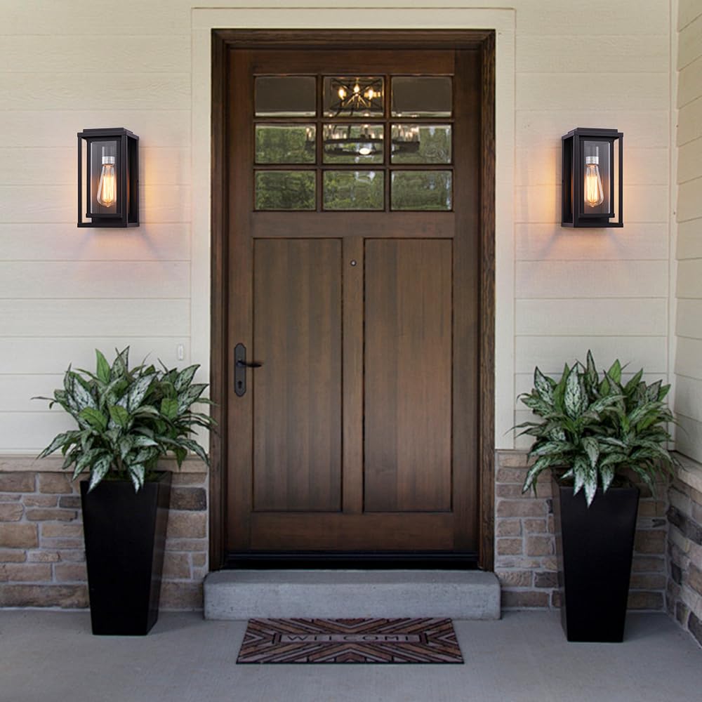 Cerdeco 12” Modern Outdoor Wall Sconce with Rectangular Metal Frame and Transparent Glass Shade,Black Outdoor Lighting for Garage Porch Patio Pack