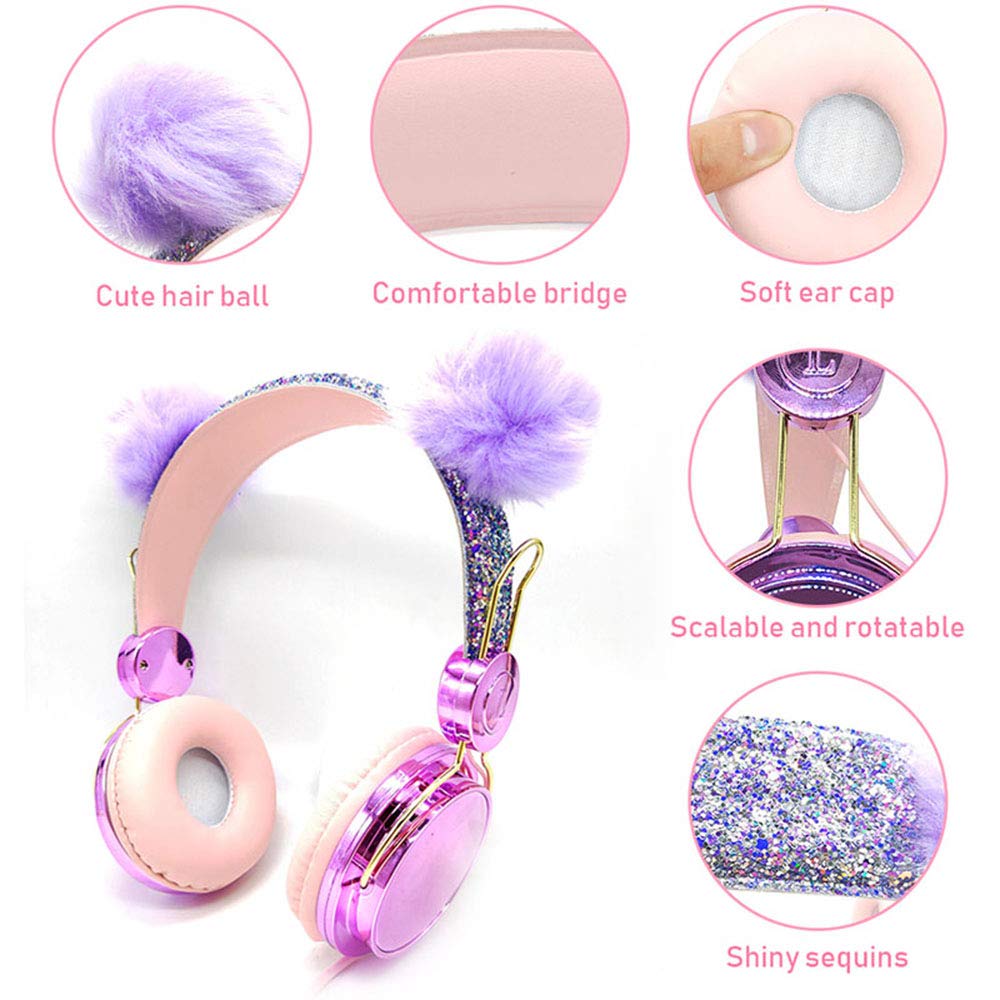 Kids Headphones, Cute Bear Ear Wired Over Ear Girls Headphones, Adjustable Headband, 3.5mm with MIC for Cell Phones Tablets MP3/4,Sparkly Headband…
